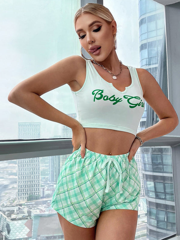 New sexy letter printed vest + plaid shorts home wear set - 2 PCS. - K - 3 COLORS -