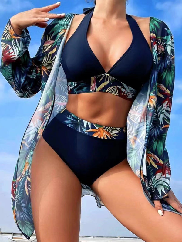 New sexy bikini push-up split printed mesh three-piece set - 3 PCS. - K - 5 COLORS -