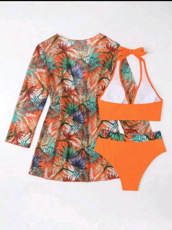 New sexy bikini push-up split printed mesh three-piece set - 3 PCS. - K - 5 COLORS -