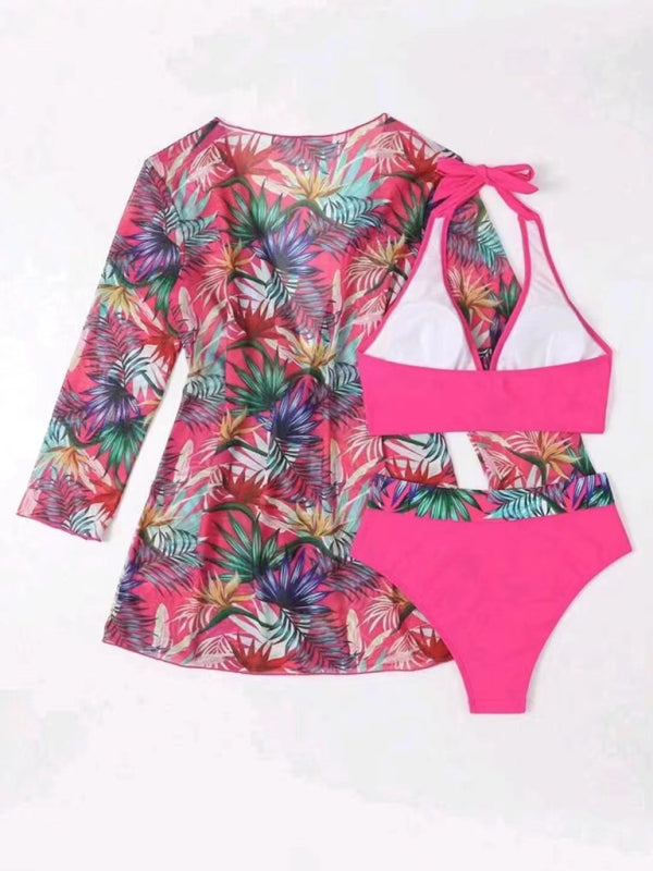 New sexy bikini push-up split printed mesh three-piece set - 3 PCS. - K - 5 COLORS -