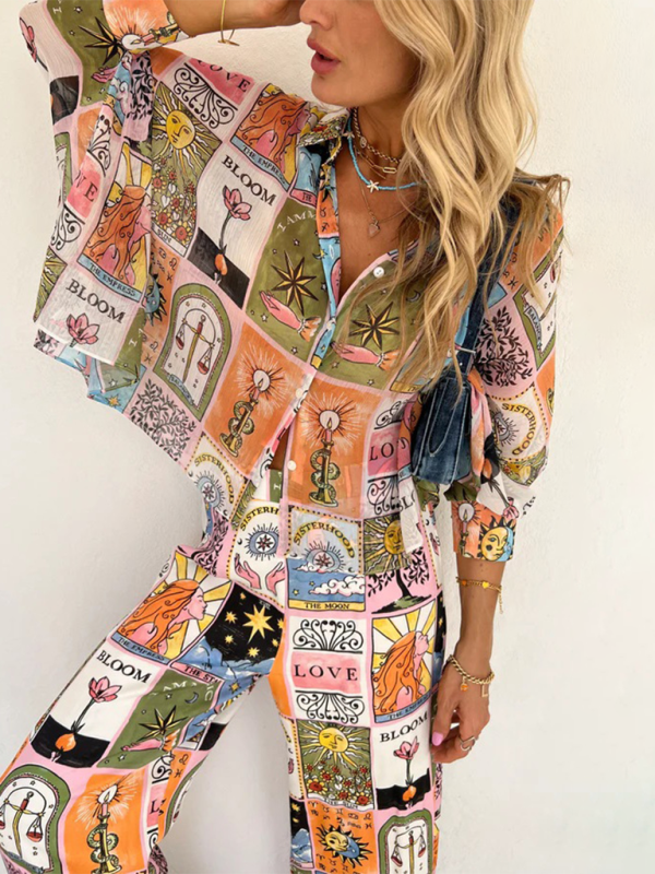 New bat sleeve printed loose suit casual home loungewear two-piece set - 2 PCS. - K - 1 COLOR -