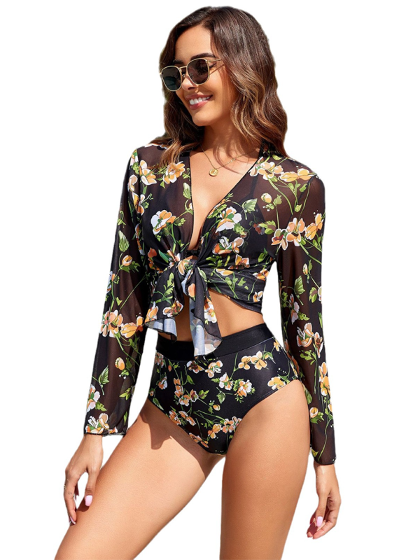 New bikini botanical print lace-up resort swimsuit three-piece set - 3 PCS. - K - 4 COLORS -