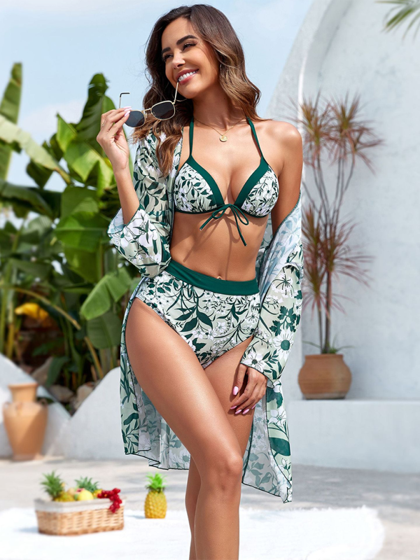 New bikini botanical print lace-up resort swimsuit three-piece set - 3 PCS. - K - 4 COLORS -