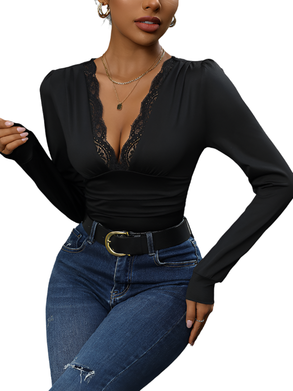 Ladies lace stitching long sleeve solid color bodysuit - K - 5 COLORS -