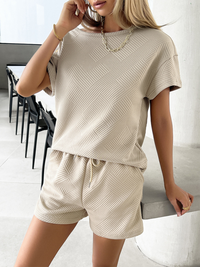 Thumbnail for Summer solid color knitted crew neck top and shorts casual two-piece set - 2 PCS. - K - 4 COLORS -