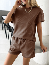 Thumbnail for Summer solid color knitted crew neck top and shorts casual two-piece set - 2 PCS. - K - 4 COLORS -