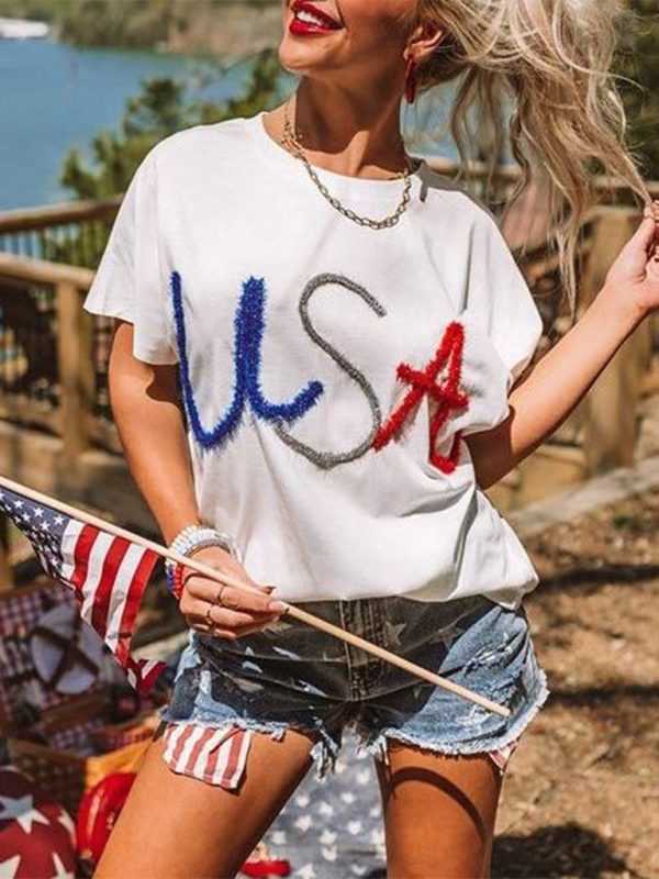 Women's New USA Independence Day White T-Shirt - K - 1 COLOR -