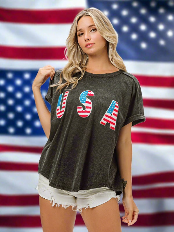 Women's Independence Day English Letters Short Sleeve T-Shirt Top - K - 2 COLORS -