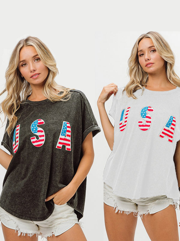 Women's Independence Day English Letters Short Sleeve T-Shirt Top - K - 2 COLORS -