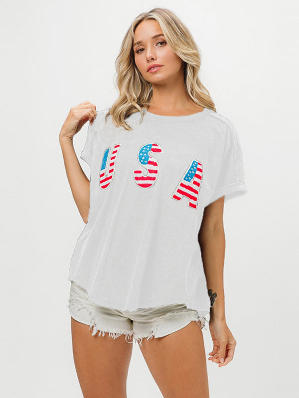 Women's Independence Day English Letters Short Sleeve T-Shirt Top - K - 2 COLORS -