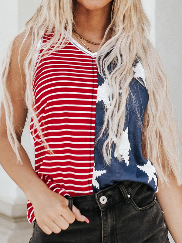 New American Flag Printed Independence Day Trendy Color Blocking U-neck Pullover Top - K - 1 COLOR -