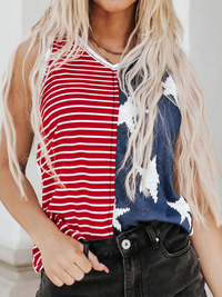 Thumbnail for New American Flag Printed Independence Day Trendy Color Blocking U-neck Pullover Top - K - 1 COLOR -