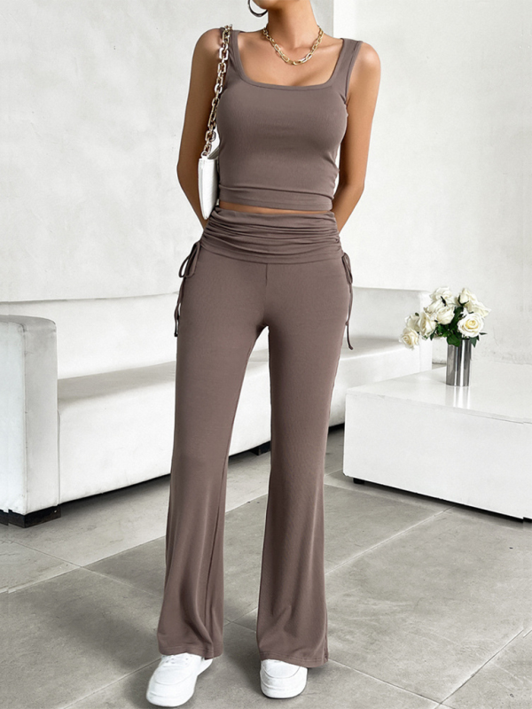 Women's casual solid color slim fit Vest and Pants set - 2 PCS. - K - 4 COLORS -