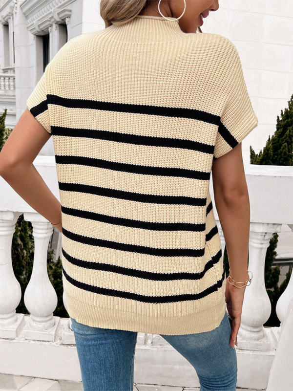 Women's contrasting color short-sleeved pullover sweater - K - 5 COLORS -