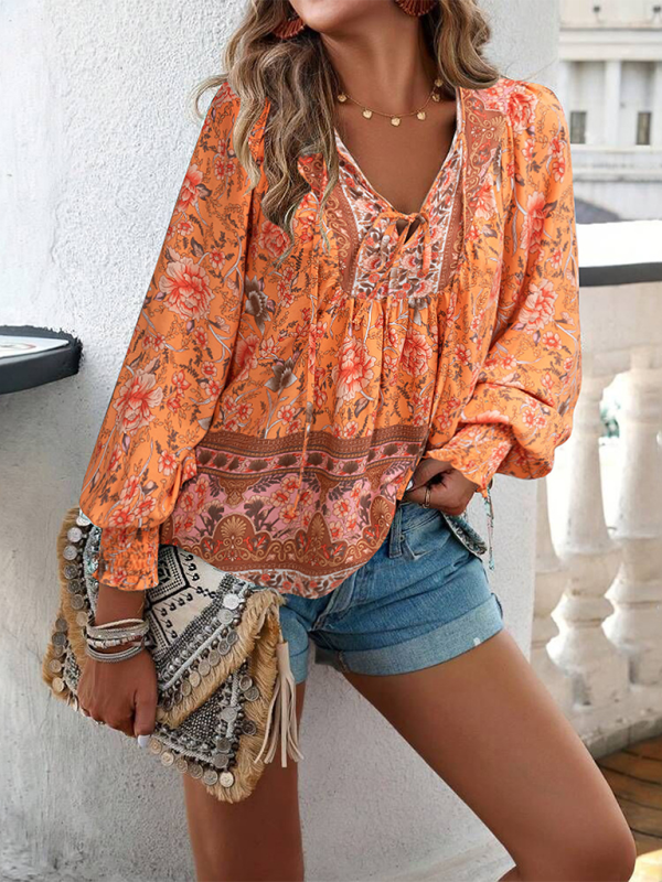 New casual printed v-neck long-sleeved top - K - 4 COLORS -