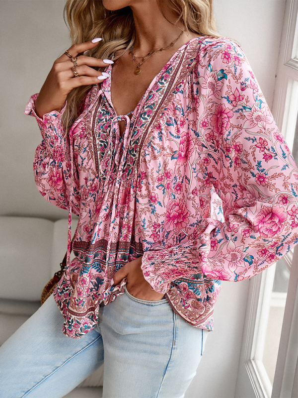 New casual printed v-neck long-sleeved top - K - 4 COLORS -