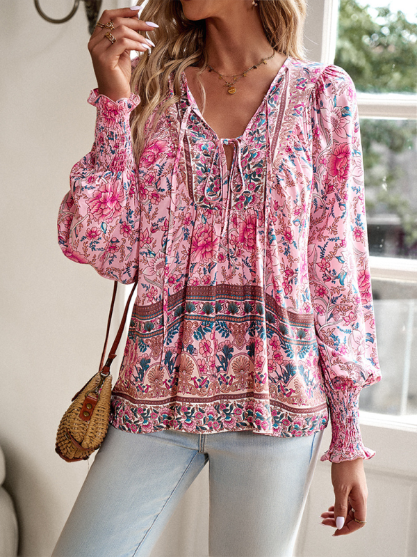 New casual printed v-neck long-sleeved top - K - 4 COLORS -