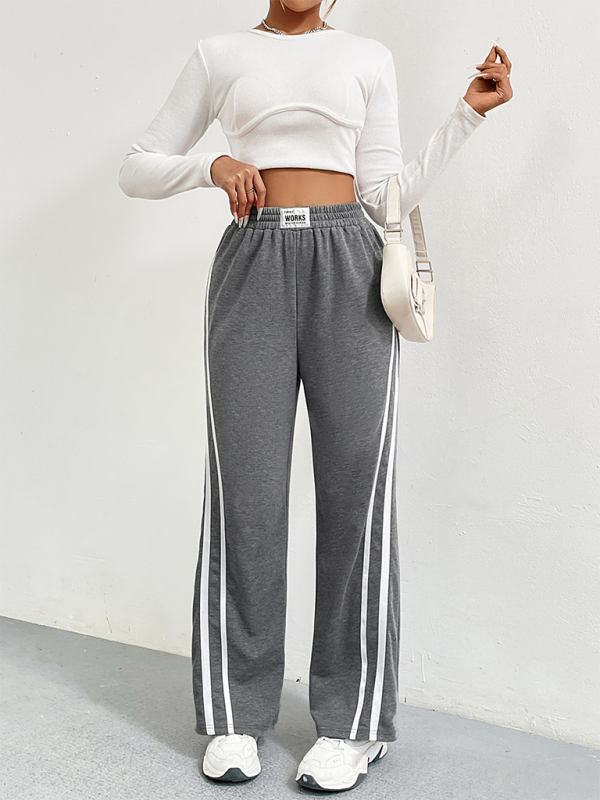 Sports Pants high waist loose straight casual sweatpants - striped stitching - wide leg pants - K - 1 COLOR -