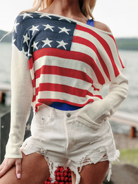 Thumbnail for Women's Independence Day Striped Colorblock Thin Knit Sweater - K - 1 COLOR -