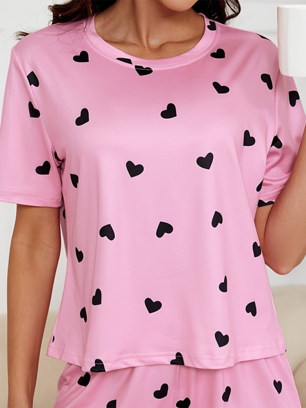 New style heart print knitted fashionable soft short sleeve shorts pajamas set - 2 PCS. - K - 3 COLORS -