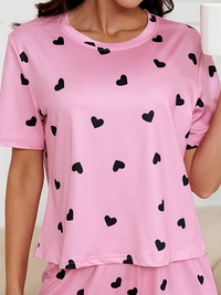 Thumbnail for New style heart print knitted fashionable soft short sleeve shorts pajamas set - 2 PCS. - K - 3 COLORS -