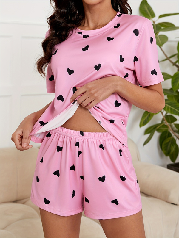 New style heart print knitted fashionable soft short sleeve shorts pajamas set - 2 PCS. - K - 3 COLORS -