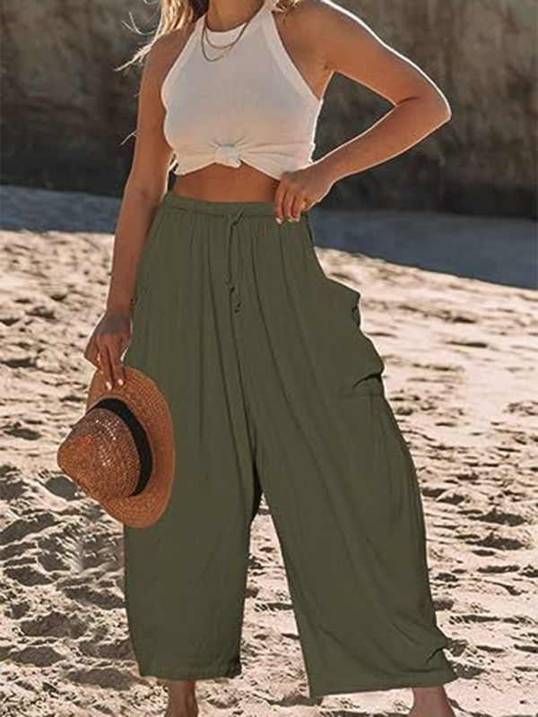 Women's elastic waist pleated high waist wide leg pants loose casual pants - Beach or Everyday - K - 11 COLORS -