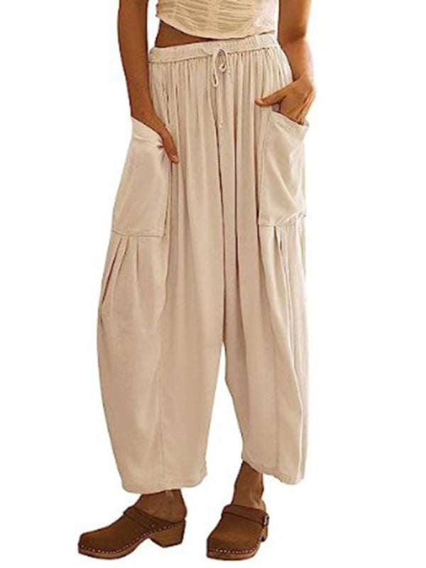 Women's elastic waist pleated high waist wide leg pants loose casual pants - Beach or Everyday - K - 11 COLORS -