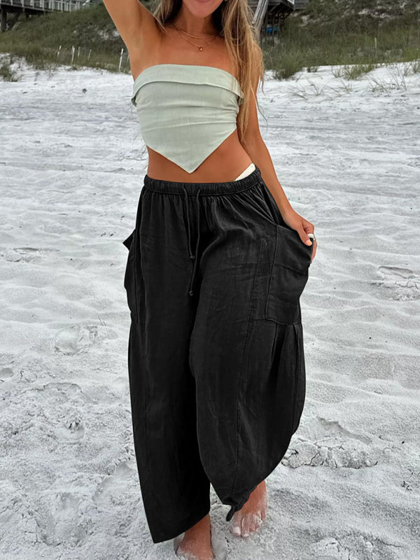 Women's elastic waist pleated high waist wide leg pants loose casual pants - Beach or Everyday - K - 11 COLORS -