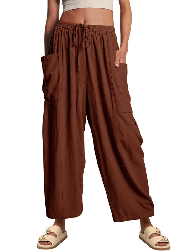 Women's elastic waist pleated high waist wide leg pants loose casual pants - Beach or Everyday - K - 11 COLORS -