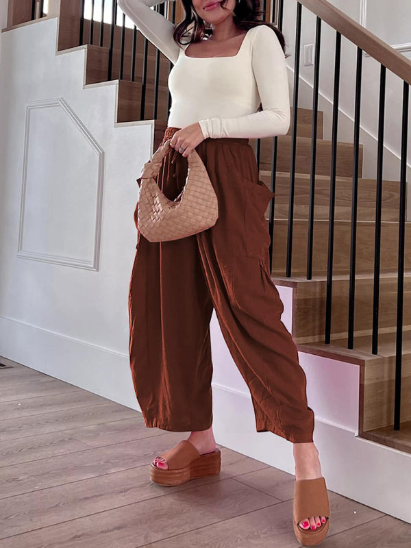 Women's elastic waist pleated high waist wide leg pants loose casual pants - Beach or Everyday - K - 11 COLORS -