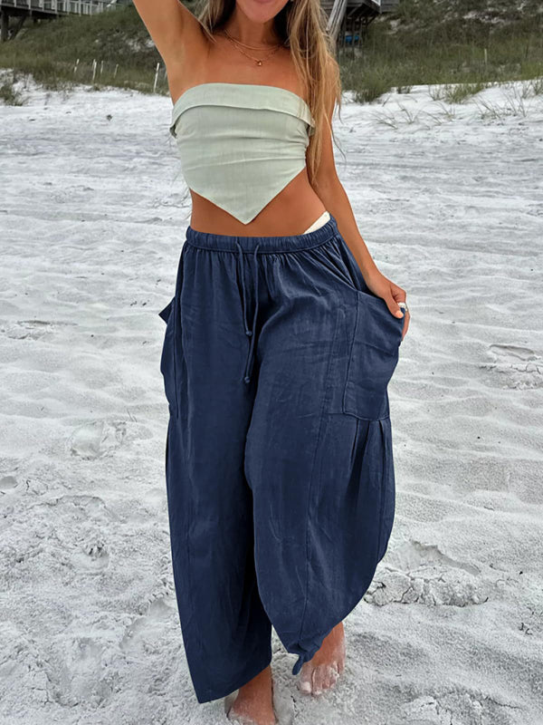 Women's elastic waist pleated high waist wide leg pants loose casual pants - Beach or Everyday - K - 11 COLORS -