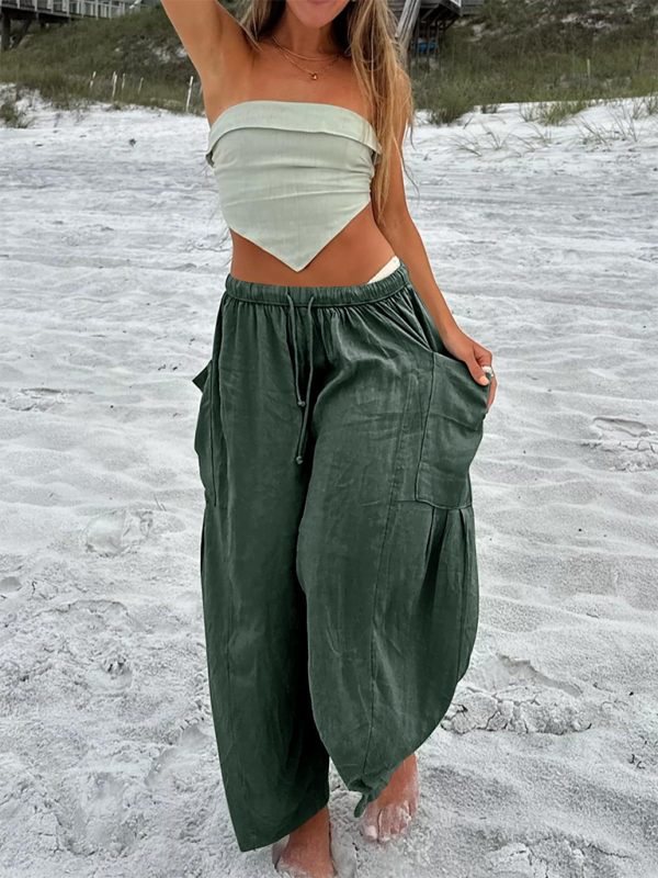 Women's elastic waist pleated high waist wide leg pants loose casual pants - Beach or Everyday - K - 11 COLORS -