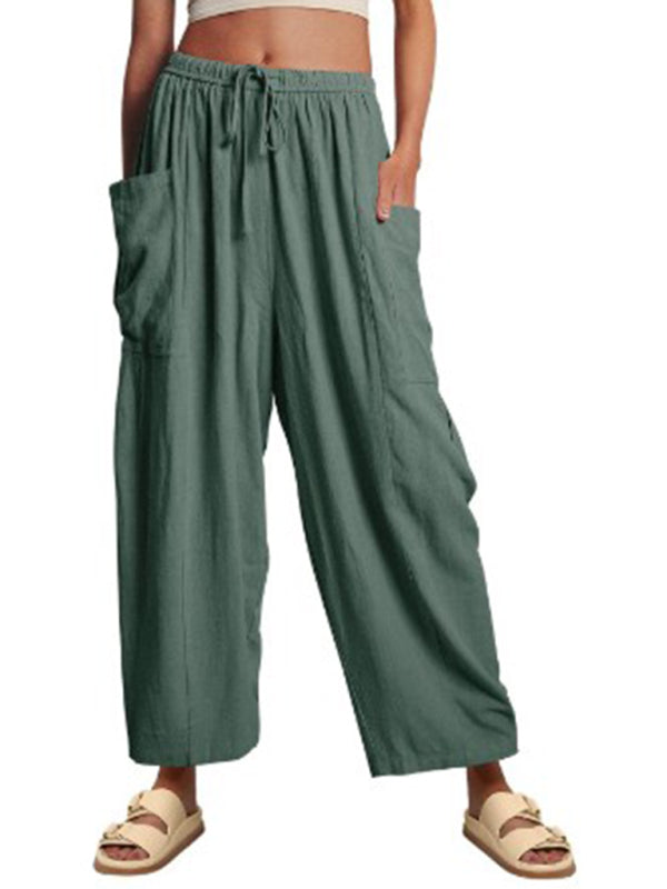 Women's elastic waist pleated high waist wide leg pants loose casual pants - Beach or Everyday - K - 11 COLORS -