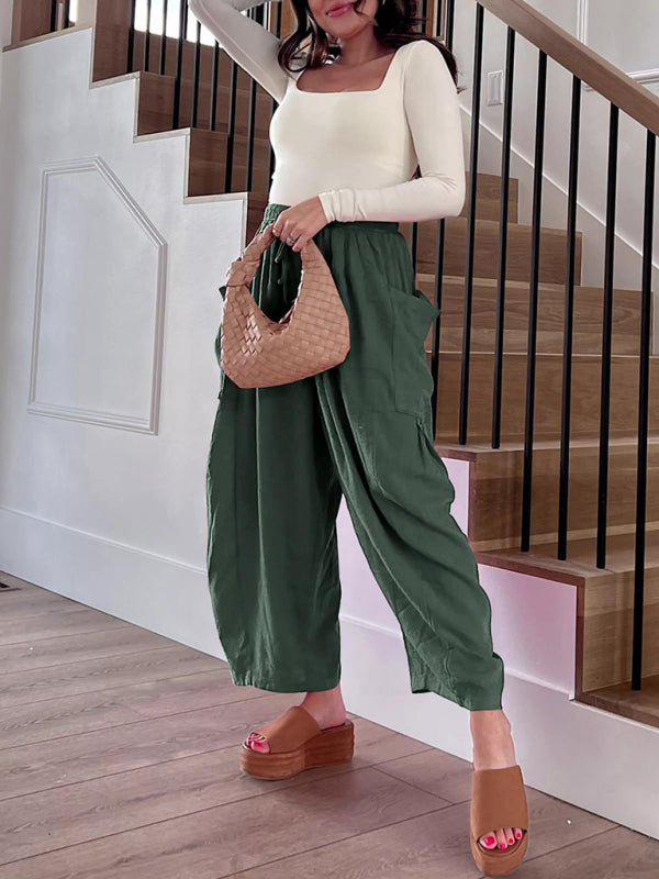 Women's elastic waist pleated high waist wide leg pants loose casual pants - Beach or Everyday - K - 11 COLORS -