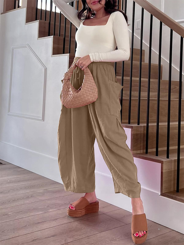 Women's elastic waist pleated high waist wide leg pants loose casual pants - Beach or Everyday - K - 11 COLORS -