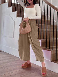 Thumbnail for Women's elastic waist pleated high waist wide leg pants loose casual pants - Beach or Everyday - K - 11 COLORS -