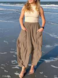 Thumbnail for Women's elastic waist pleated high waist wide leg pants loose casual pants - Beach or Everyday - K - 11 COLORS -