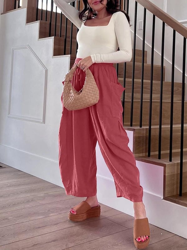 Women's elastic waist pleated high waist wide leg pants loose casual pants - Beach or Everyday - K - 11 COLORS -