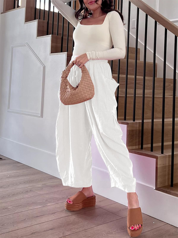 Women's elastic waist pleated high waist wide leg pants loose casual pants - Beach or Everyday - K - 11 COLORS -