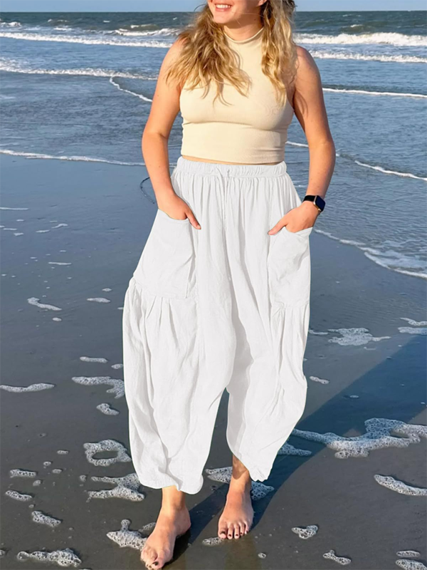 Women's elastic waist pleated high waist wide leg pants loose casual pants - Beach or Everyday - K - 11 COLORS -