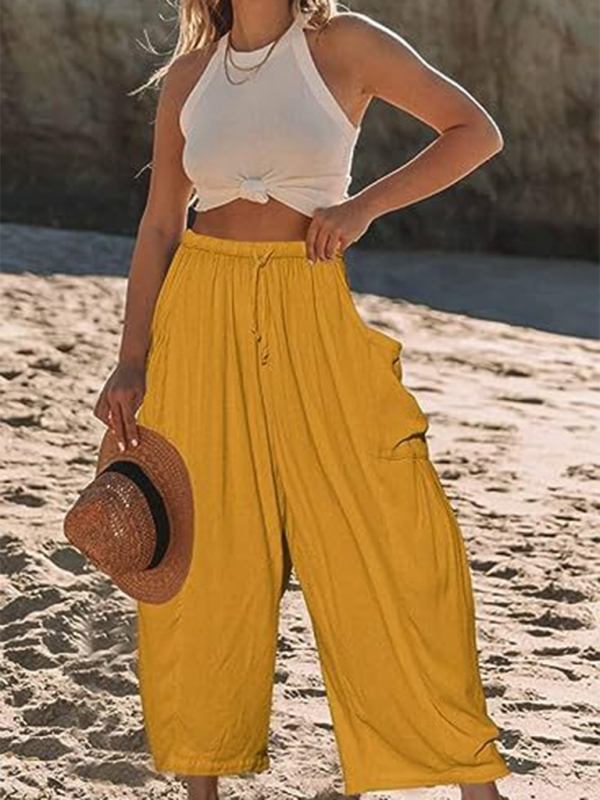 Women's elastic waist pleated high waist wide leg pants loose casual pants - Beach or Everyday - K - 11 COLORS -