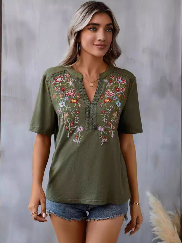 New women's fashion embroidery stitching lace top - K - 5 COLORS -