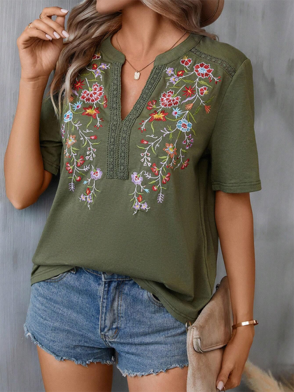 New women's fashion embroidery stitching lace top - K - 5 COLORS -