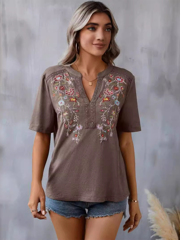 New women's fashion embroidery stitching lace top - K - 5 COLORS -