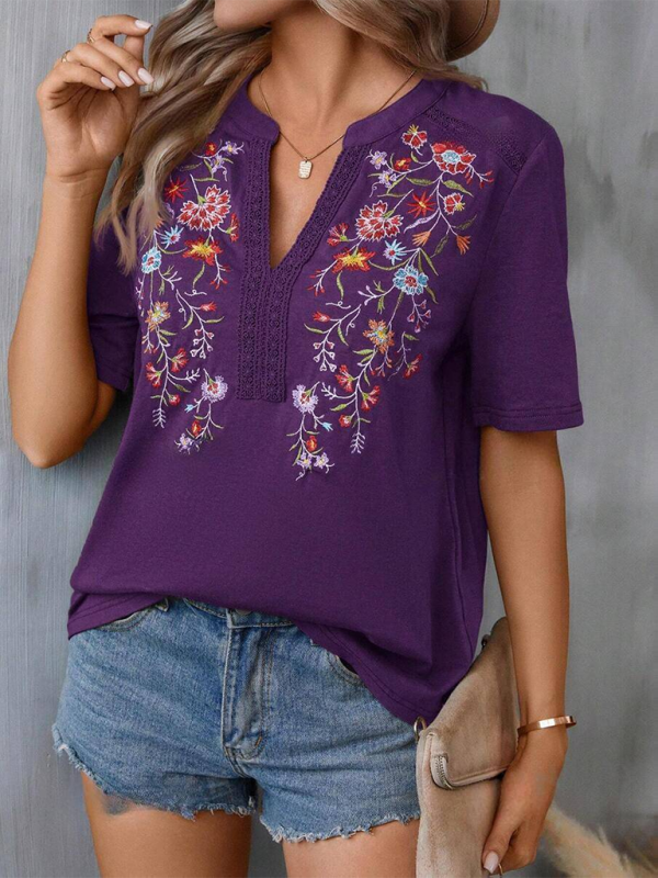 New women's fashion embroidery stitching lace top - K - 5 COLORS -