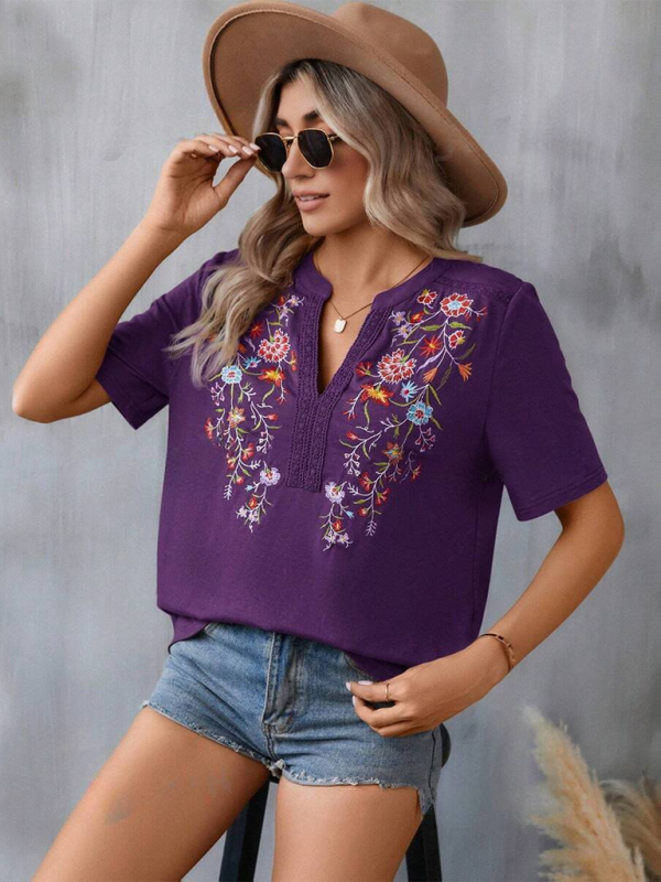 New women's fashion embroidery stitching lace top - K - 5 COLORS -