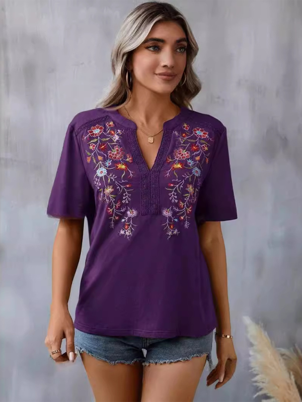 New women's fashion embroidery stitching lace top - K - 5 COLORS -