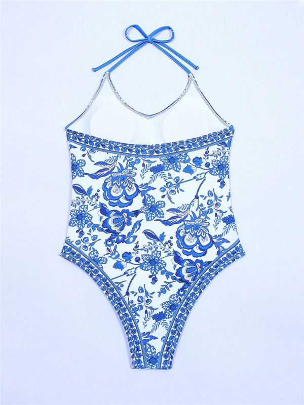 New women's one-piece blue and white porcelain print slim fit swimsuit - K - 1 COLOR -