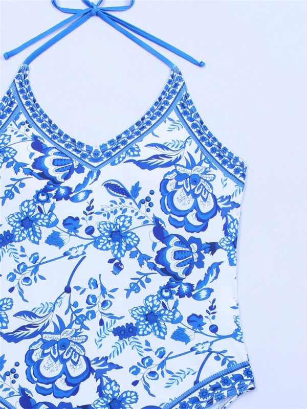 New women's one-piece blue and white porcelain print slim fit swimsuit - K - 1 COLOR -